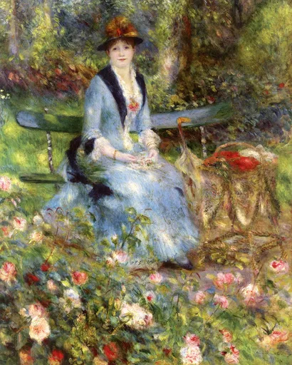 A woman in a pale blue dress and red hat seated on a garden bench amid pink roses and green foliage