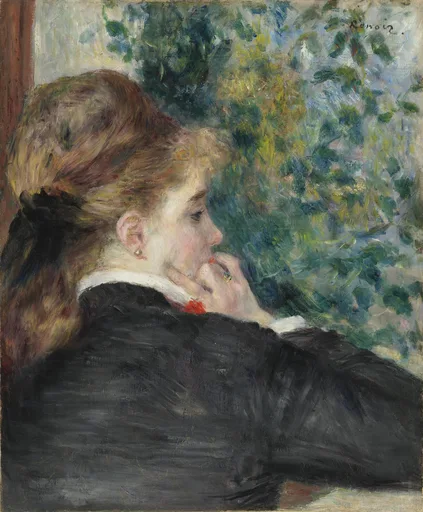 A woman in profile in a black jacket resting her chin on her hand, lost in thought before a leafy garden backdrop
