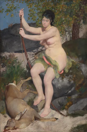 A nude huntress holding a bow beside a slain deer on a rocky forest ledge, in pale flesh tones, grey stone, and green foliage