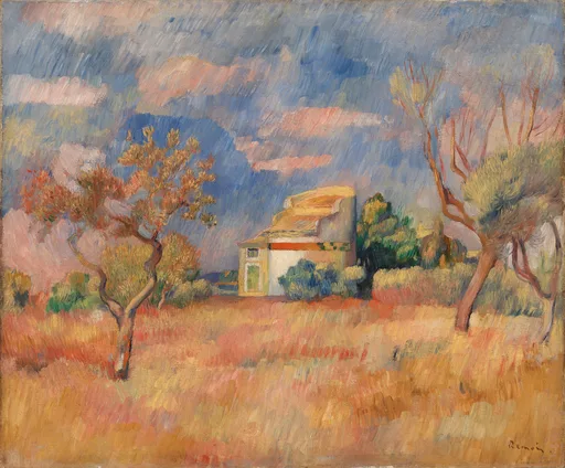 A small white house with a peaked roof among trees in a golden field under a cloudy blue sky, in ochre and blue
