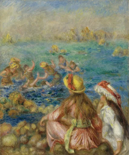 Two clothed girls in bonnets watch bathers splashing in a green-blue sea from the rocky shore