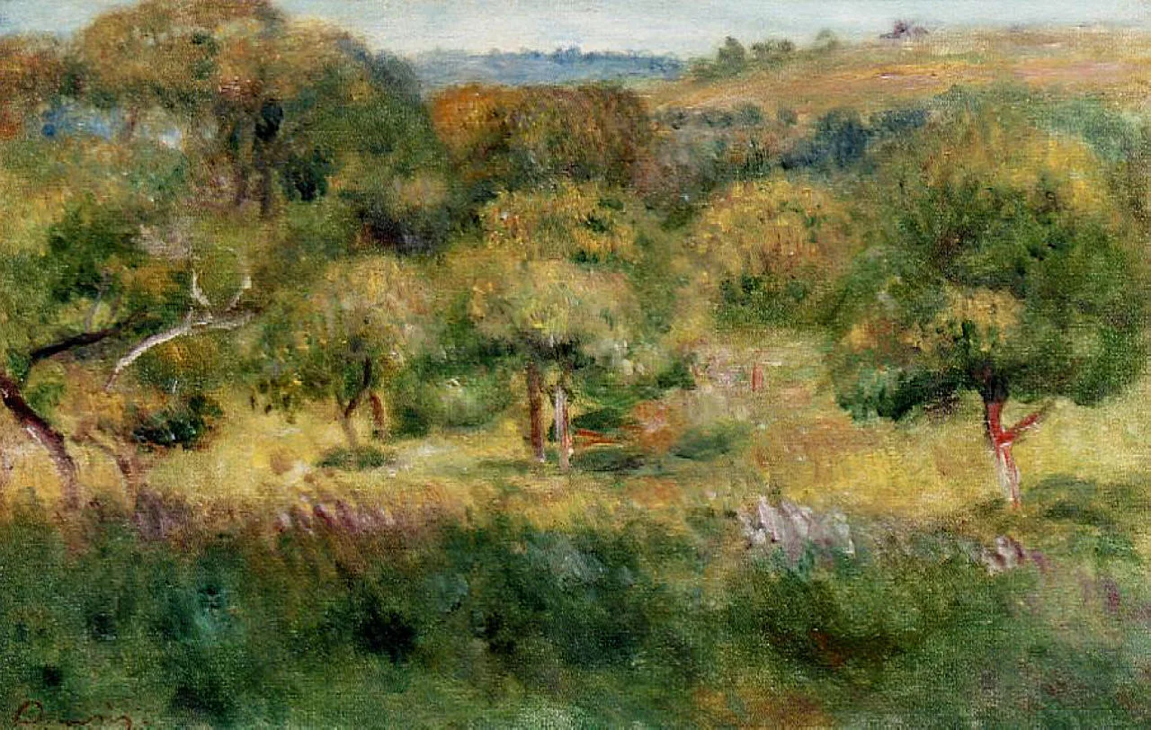 Rolling wooded countryside in green and gold stretches past hedgerows and scattered trees toward distant hills.