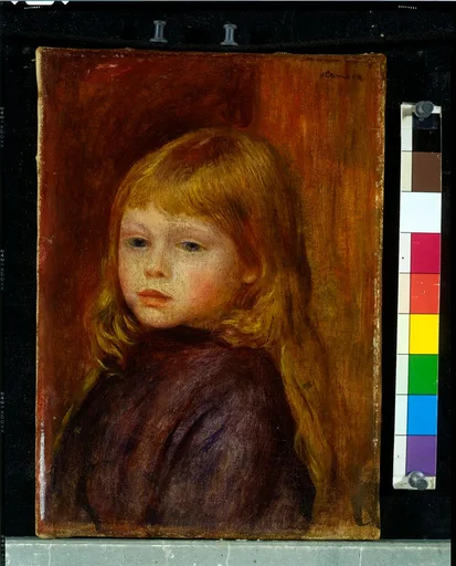A young child with long blond hair and a dark plum coat, gazing sideways against a warm russet brown background
