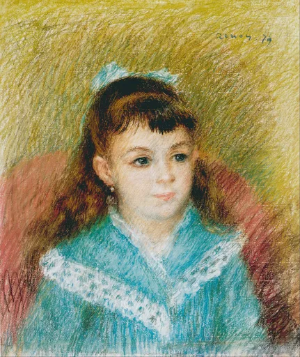 A pastel portrait of a young girl with dark bangs in a turquoise dress with a lace collar, against a golden hatched background