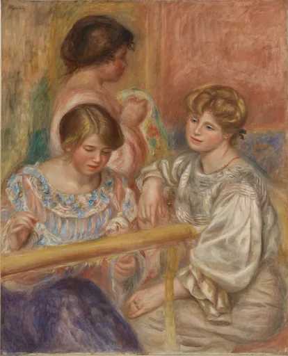 Three young women at an embroidery frame indoors, one in blue trimmed pink, one in white, warm pink and cream tones