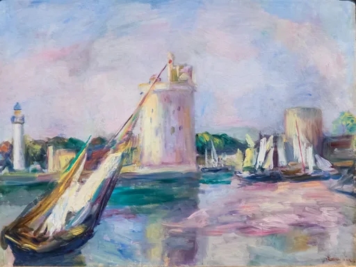 Sailboats moored before two stone harbor towers and a lighthouse at La Rochelle, painted in soft pink, lavender and turquoise