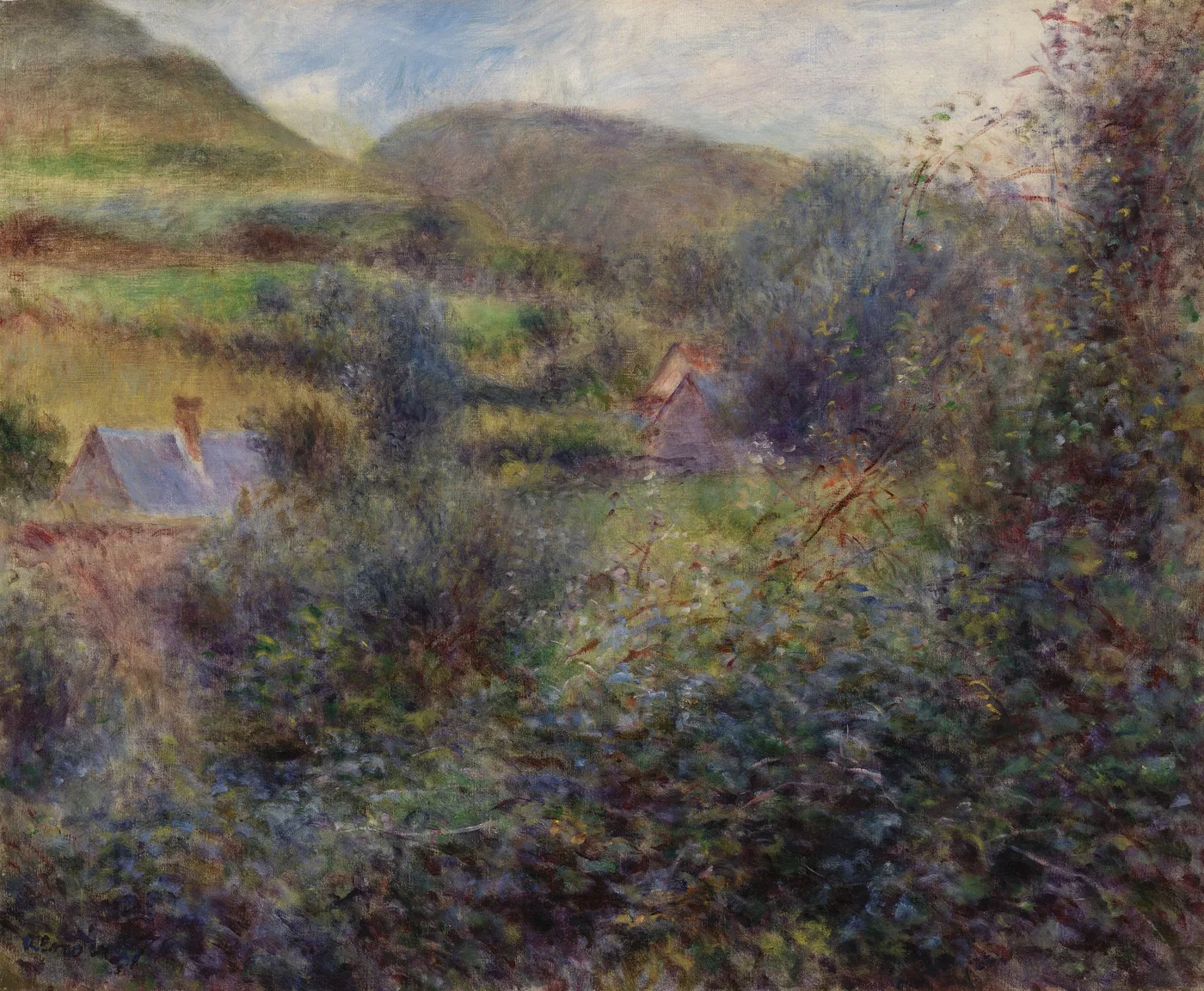 A rural valley with two small cottages nestled among dense hedges and rolling hills, in green, violet and ochre