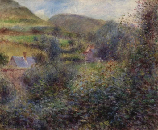 A rural valley with two small cottages nestled among dense hedges and rolling hills, in green, violet and ochre