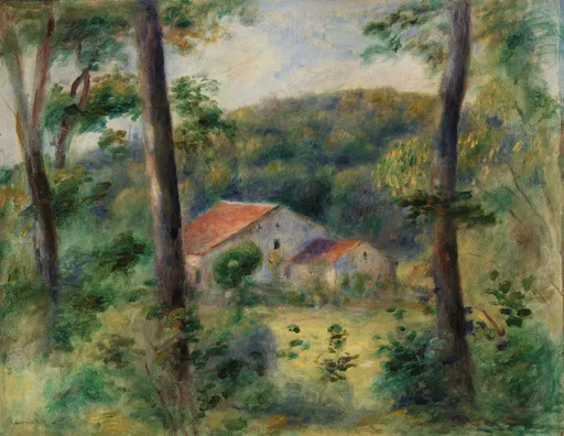Red-roofed farm buildings glimpsed through tall tree trunks in a wooded clearing, in green, red and pale blue