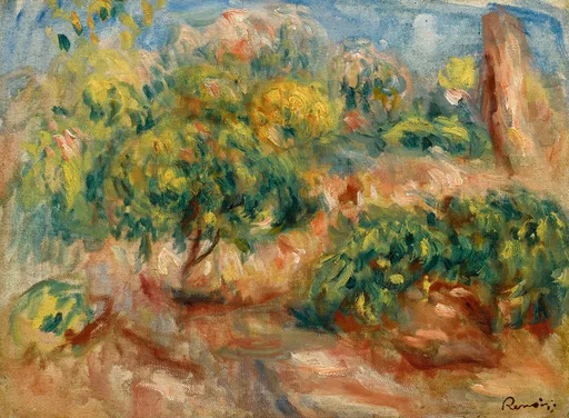 A loose sketch of sunlit trees and shrubs beside a stone wall and dirt path, in green, ochre and blue