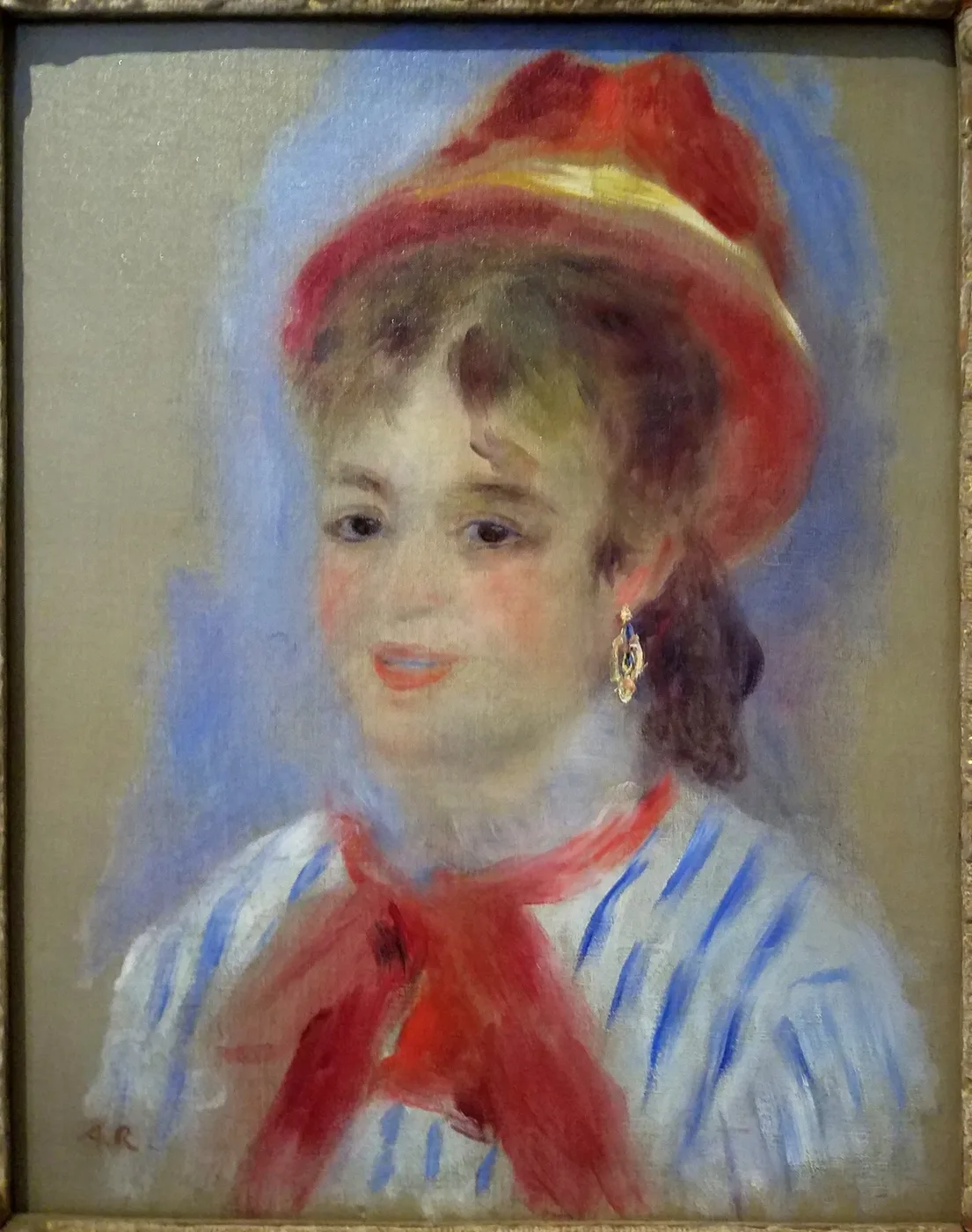 A young girl in a red hat and red neck scarf over a blue striped blouse, painted in red, blue and cream