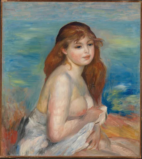 A red-haired bather with white drapery gathered at her waist, seated by the sea after bathing, in pale flesh tones against blue water