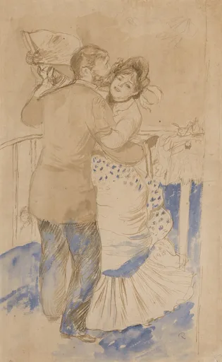 An ink and wash drawing of a dancing couple, the man holding a straw hat, the woman in a dotted dress, in sepia and blue