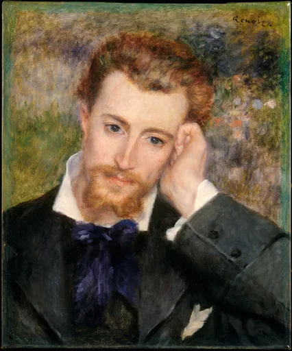 A red-bearded man in a dark coat resting his head on his hand before a leafy garden, in deep green, black, and touches of violet
