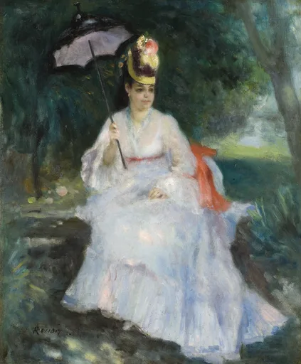 A woman in a voluminous pale blue dress holding a parasol, seated in a shaded garden with an orange sash