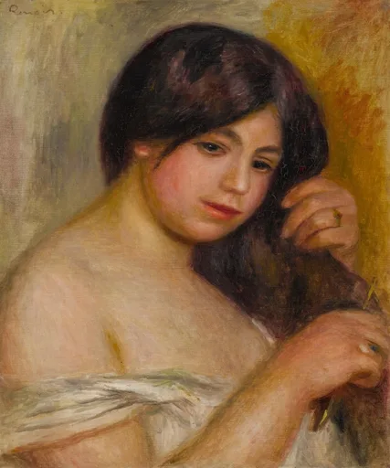 A bare-shouldered young woman with dark hair pins it up with one hand, wearing a loose white wrap, warm ochre background.