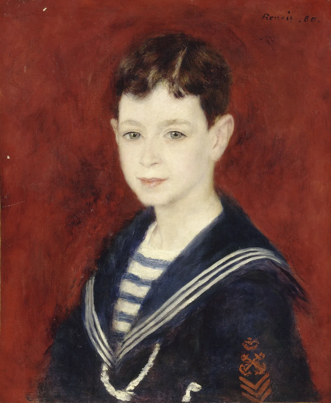 A pale, dark-haired boy in a navy sailor suit with striped collar, shown head and shoulders against a deep red background
