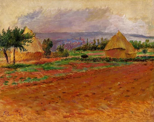 Two golden haystacks in a ploughed field with a distant village on the horizon, in warm orange, ochre, and lavender