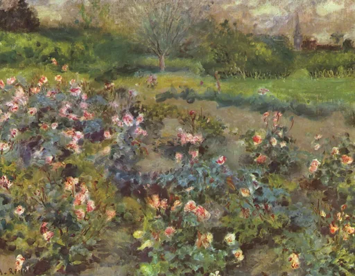 A rose garden in bloom with pink and white flowers filling the foreground, a lone tree and church spire on the horizon