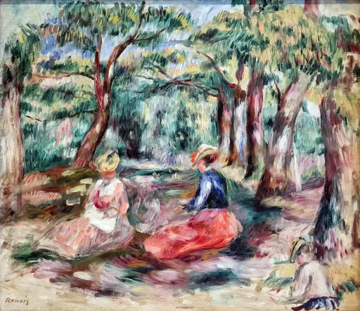 Several seated women in pink and red skirts resting under trees in a wooded park, in green and coral tones