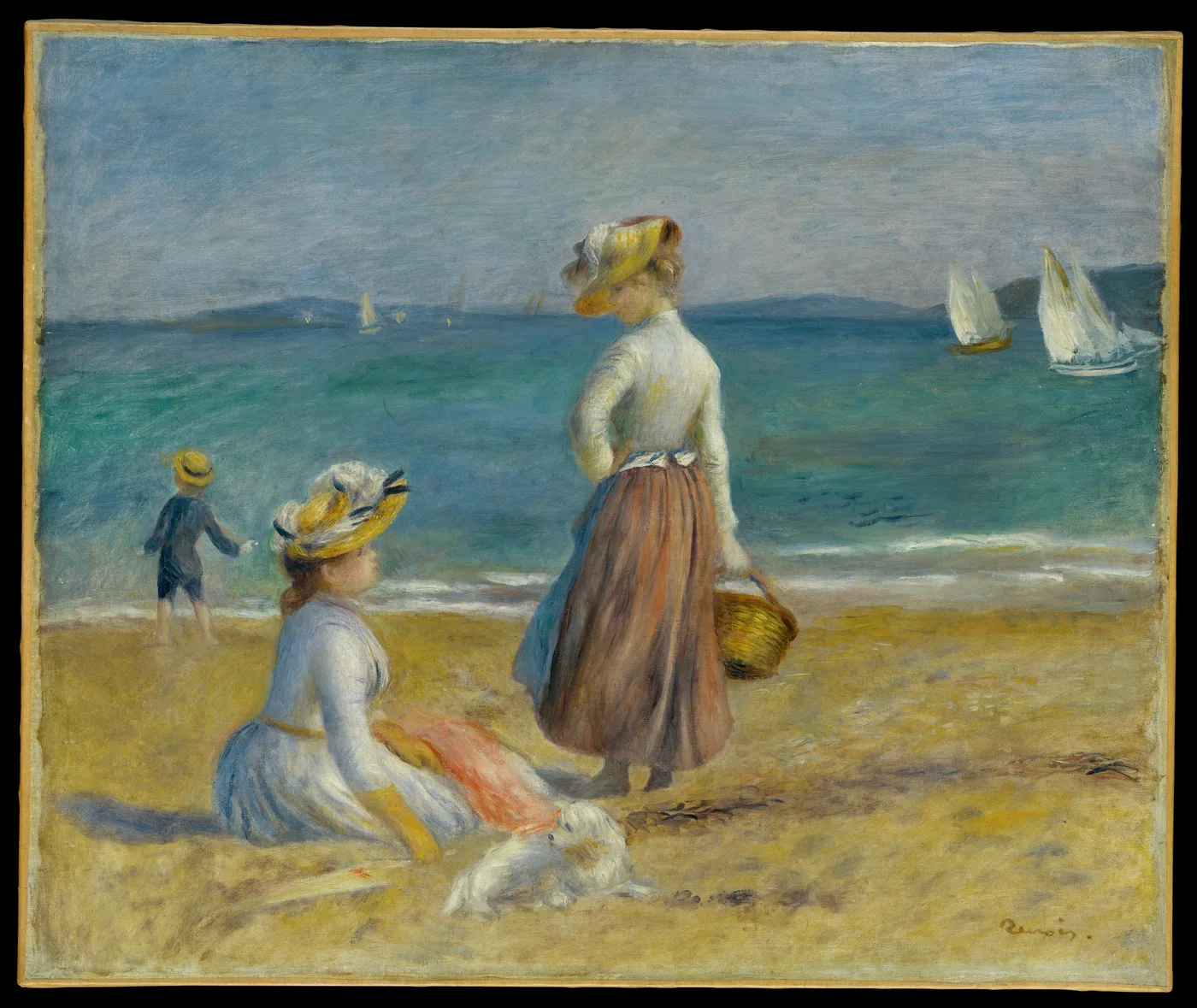 Two women, a boy and a small dog on a sandy beach with sailboats dotting the sea behind them, in gold, blue and rust tones