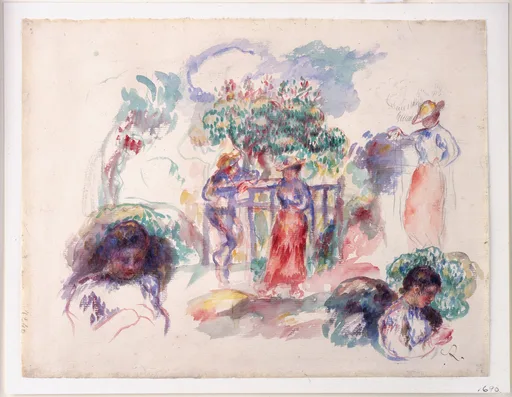 A watercolour sketch shows figures near a flowering tree and fence, one woman in a red skirt and straw hat, in pale washes.