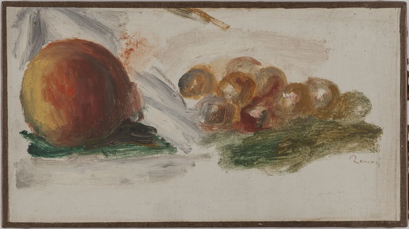A single peach and a small cluster of grapes rest on a pale table, sketched loosely in orange and green on an almost bare ground.