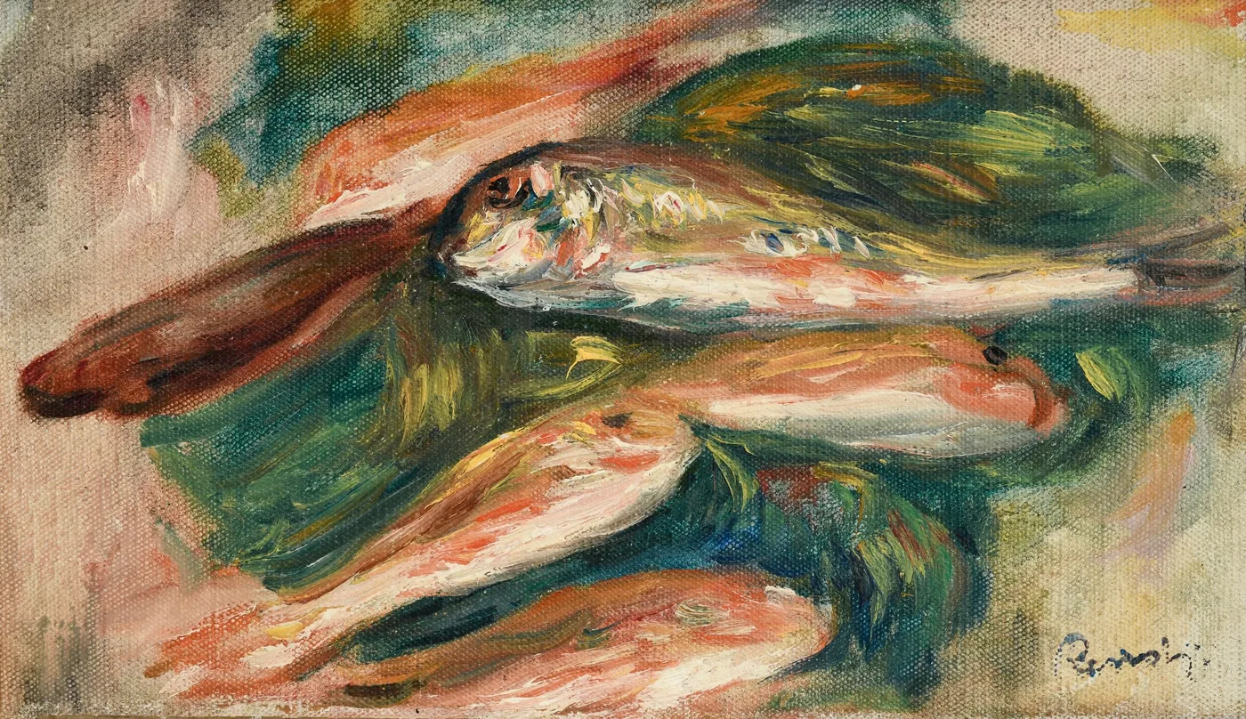 A close still life of two silvery fish laid on a green leaf against a pale cloth, painted in salmon pink, deep green, and cream.