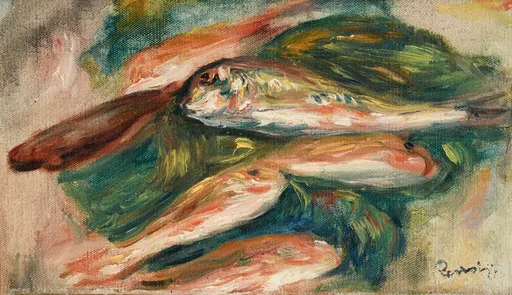 A close still life of two silvery fish laid on a green leaf against a pale cloth, painted in salmon pink, deep green, and cream.