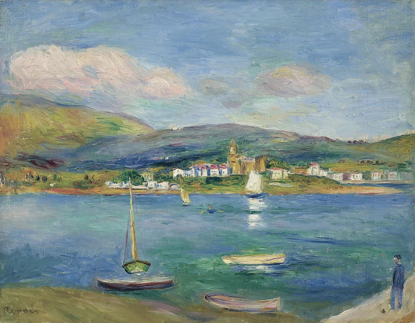 Sailboats and rowboats on a calm harbour with a hilltop village in the distance, in blue, green, and soft pink tones