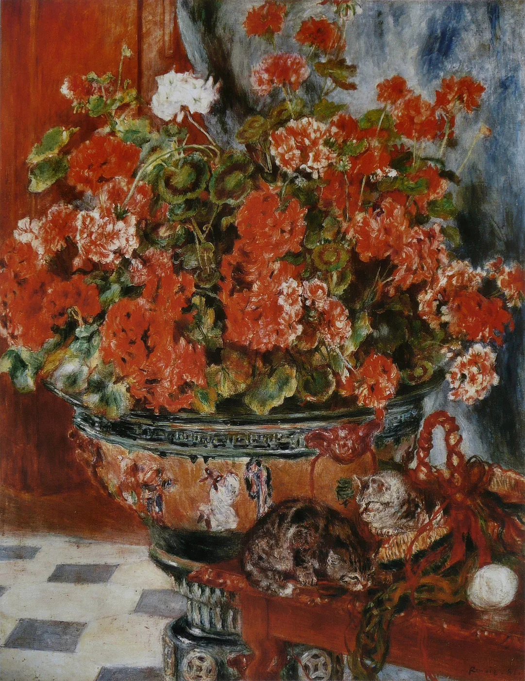 Two kittens curled beside a large urn overflowing with red and white geraniums on a checkered floor, in red and green tones