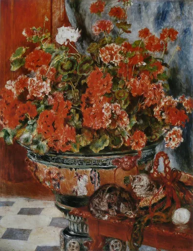 Two kittens curled beside a large urn overflowing with red and white geraniums on a checkered floor, in red and green tones