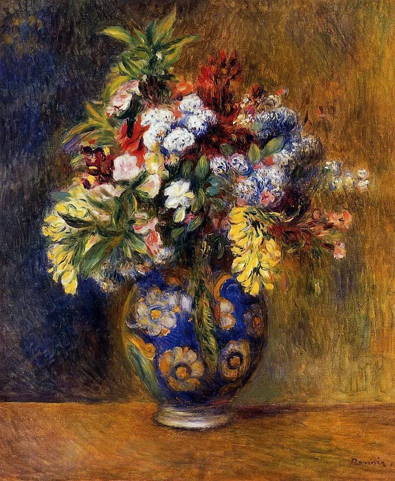 A round blue and gold floral-patterned vase holding white, red, and yellow blossoms against an ochre and dark blue background