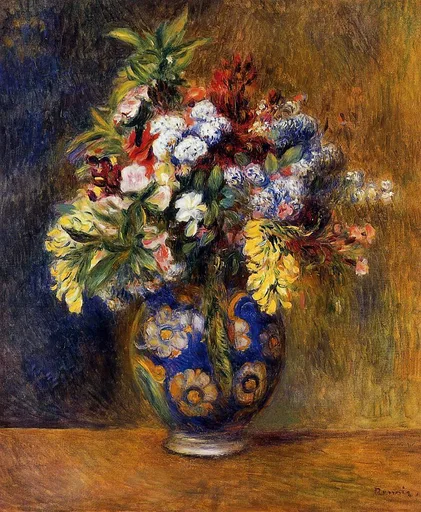 A round blue and gold floral-patterned vase holding white, red, and yellow blossoms against an ochre and dark blue background