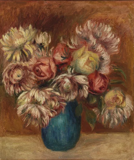 Shaggy chrysanthemums and roses in a teal blue vase, in cream, pink, and rust tones against a warm brown background