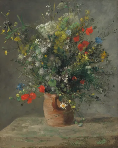 Wildflowers with red poppies, white daisies, and yellow blooms spilling from a terracotta pitcher against a grey wall