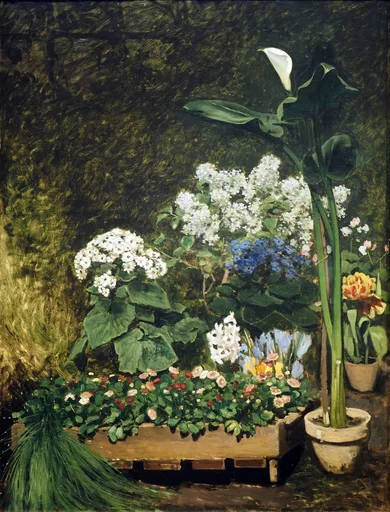 A dense arrangement of potted greenhouse flowers with a tall white calla lily and white lilacs against deep green foliage