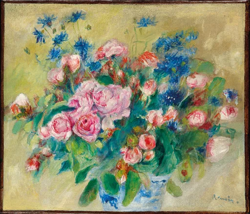 Pink roses and blue cornflowers in a lush bouquet with green foliage, set against a soft yellow background