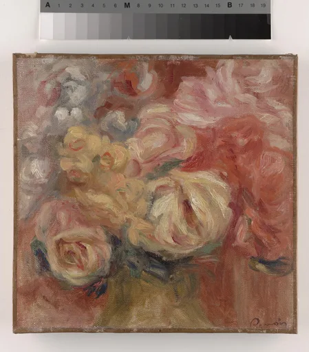 Loosely painted cream and pale yellow roses clustered against a coral red background, with thick strokes of pink and white