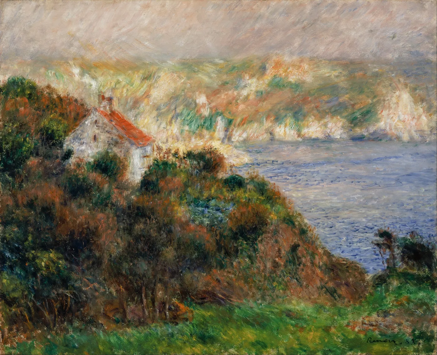 A red-roofed cottage on a shrubby cliff overlooking a hazy bay and chalky headlands, painted in green, rust and soft grey