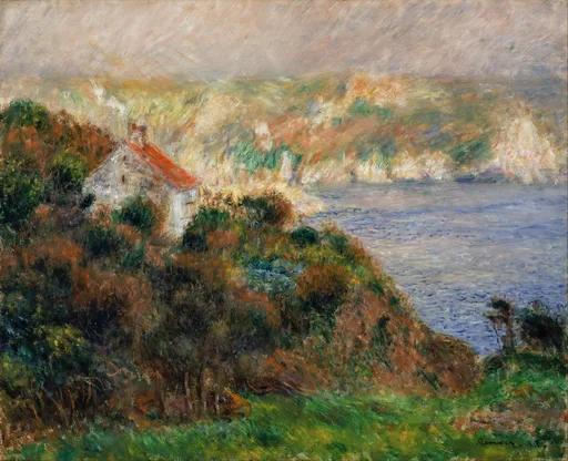 A red-roofed cottage on a shrubby cliff overlooking a hazy bay and chalky headlands, painted in green, rust and soft grey