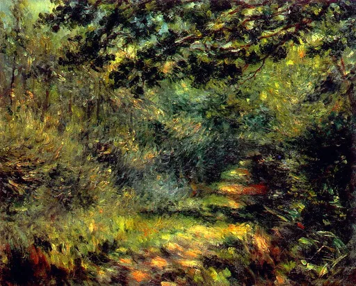 A sunlit dirt path curving through dense woodland with overhanging branches, in deep green and warm gold