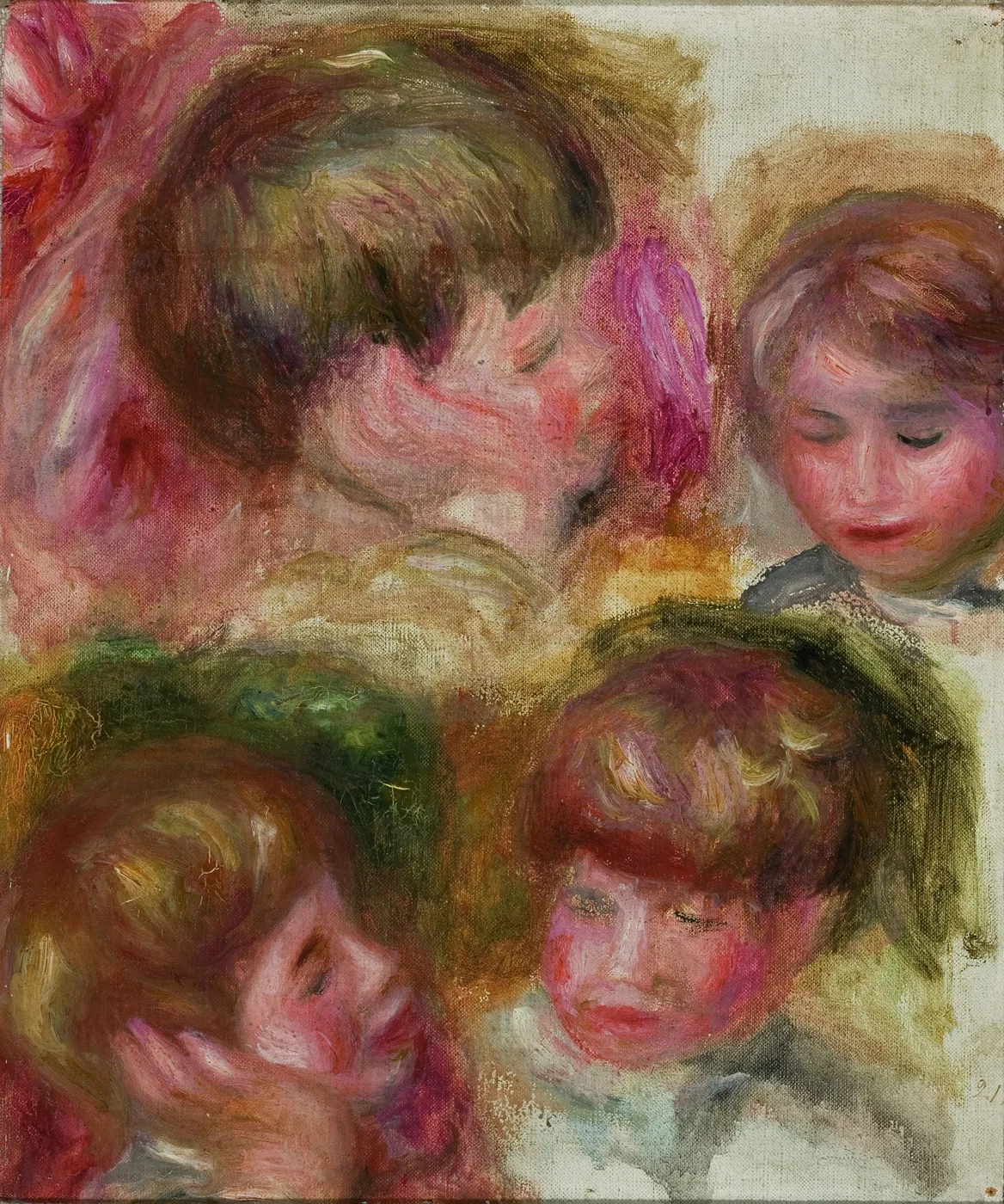 Four sketch-like studies of a child's head arranged in the corners of the canvas, in soft pink, brown, and green brushwork