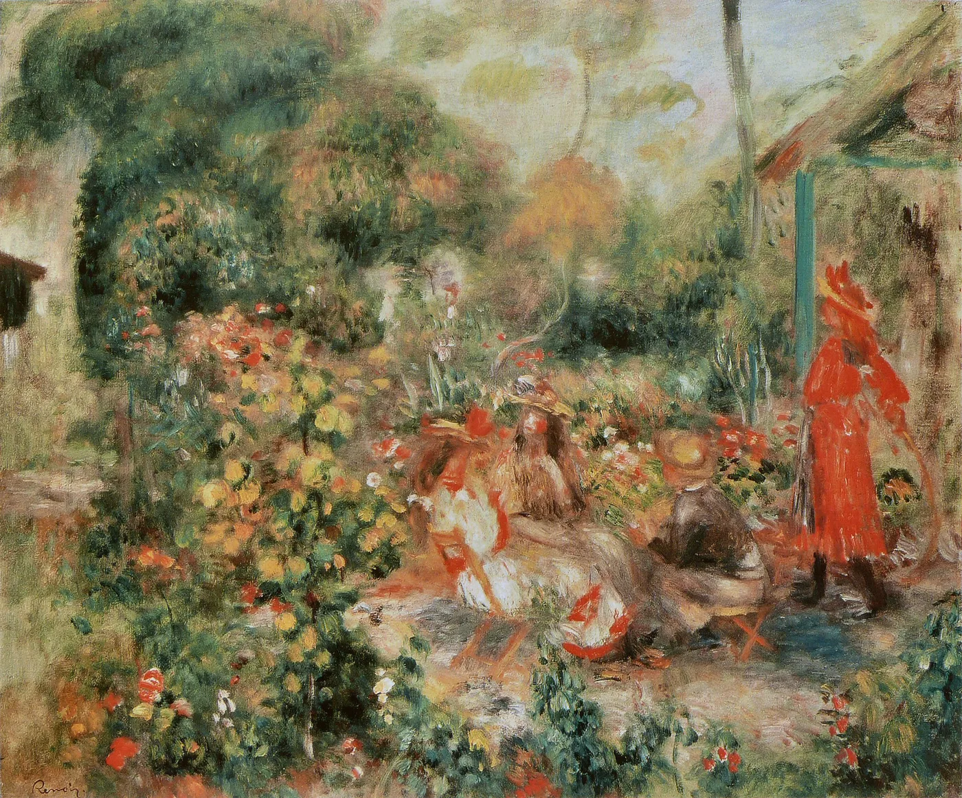 Young girls gather among a densely flowering garden bed beside a small house, one in a bright red dress, painted in warm reds and greens.