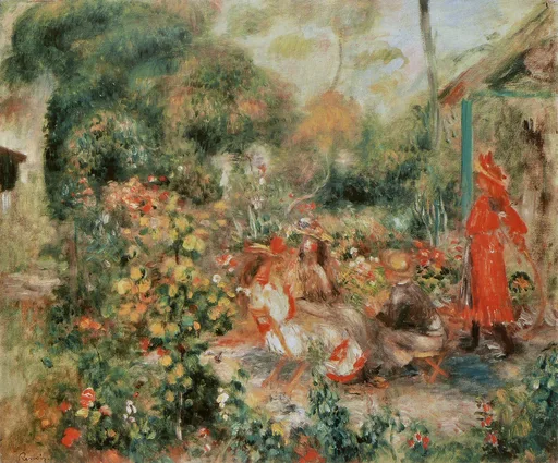 Young girls gather among a densely flowering garden bed beside a small house, one in a bright red dress, painted in warm reds and greens.
