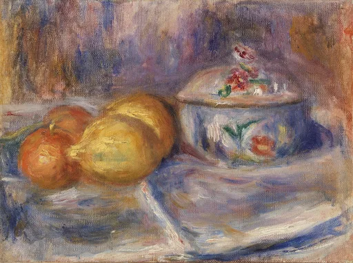 An orange and a yellow pear beside a lidded floral-painted porcelain box on a white cloth, in soft lavender and gold tones