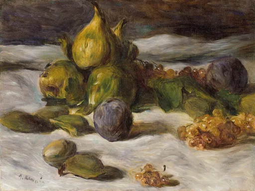 Green figs, a dark plum, and a cluster of currants scattered on a white cloth, in olive green and deep purple tones