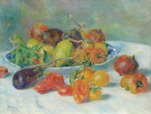 A still life of a bowl of southern fruit with an eggplant, peppers and pomegranates scattered on a white tablecloth, in orange and green