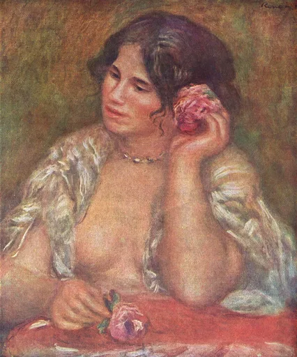A bare-shouldered dark-haired woman resting her cheek on her hand with a pink rose, holding another rose at a red table, in warm ochre and rose