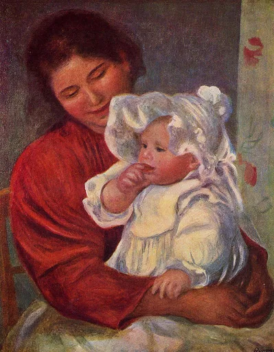 A woman in a red dress holding an infant in a white bonnet on her lap, in warm red and cream tones against a dark background